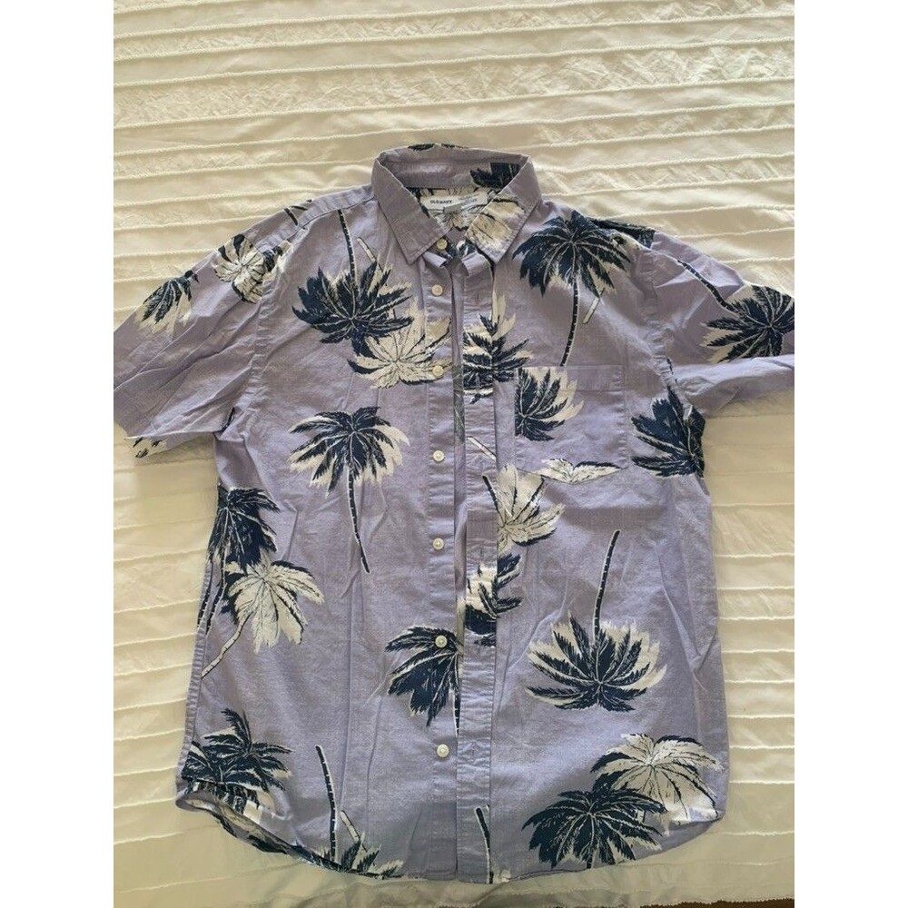 Old Navy Hawaiian Style Shirt Mens Med Slim Fit Button Up Purple Palm Trees Surf